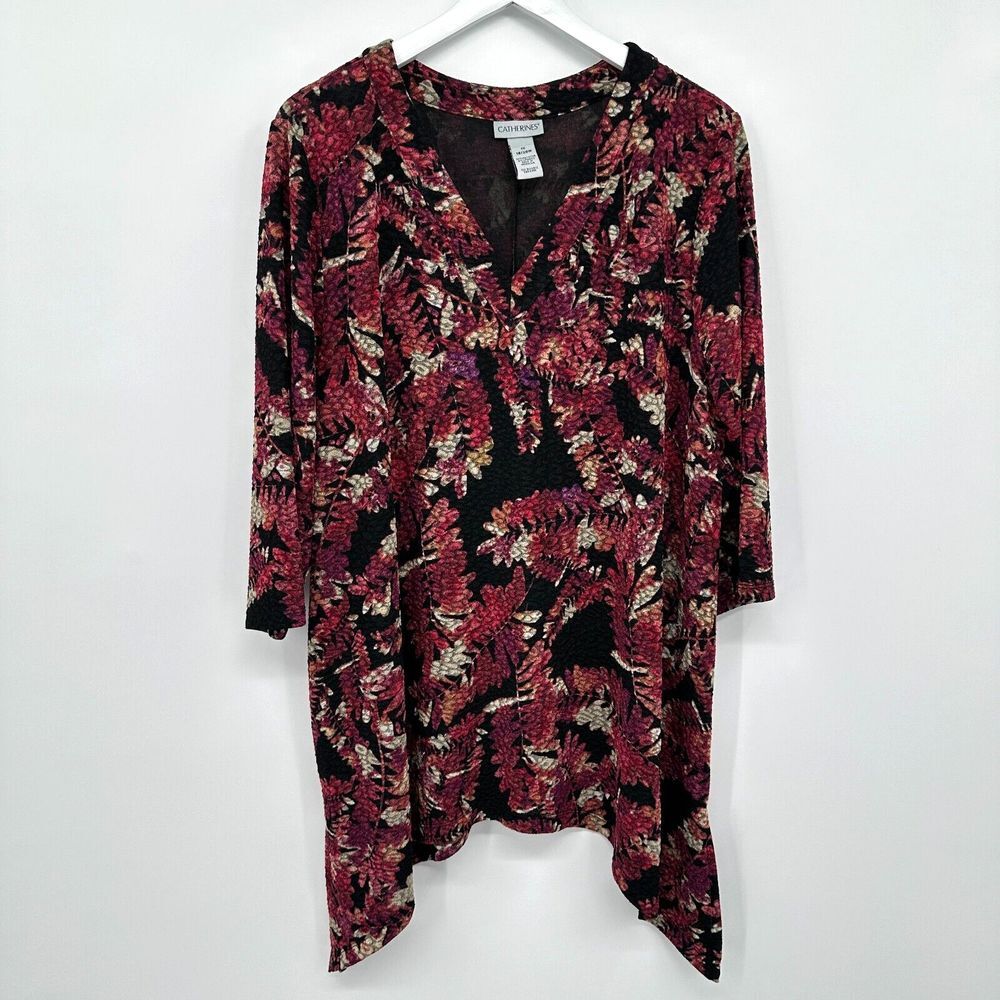 Catherines Tunic‎ Top Shirt Size 1X Stretch Knit 3/4 Sleeve Red Floral Blouse